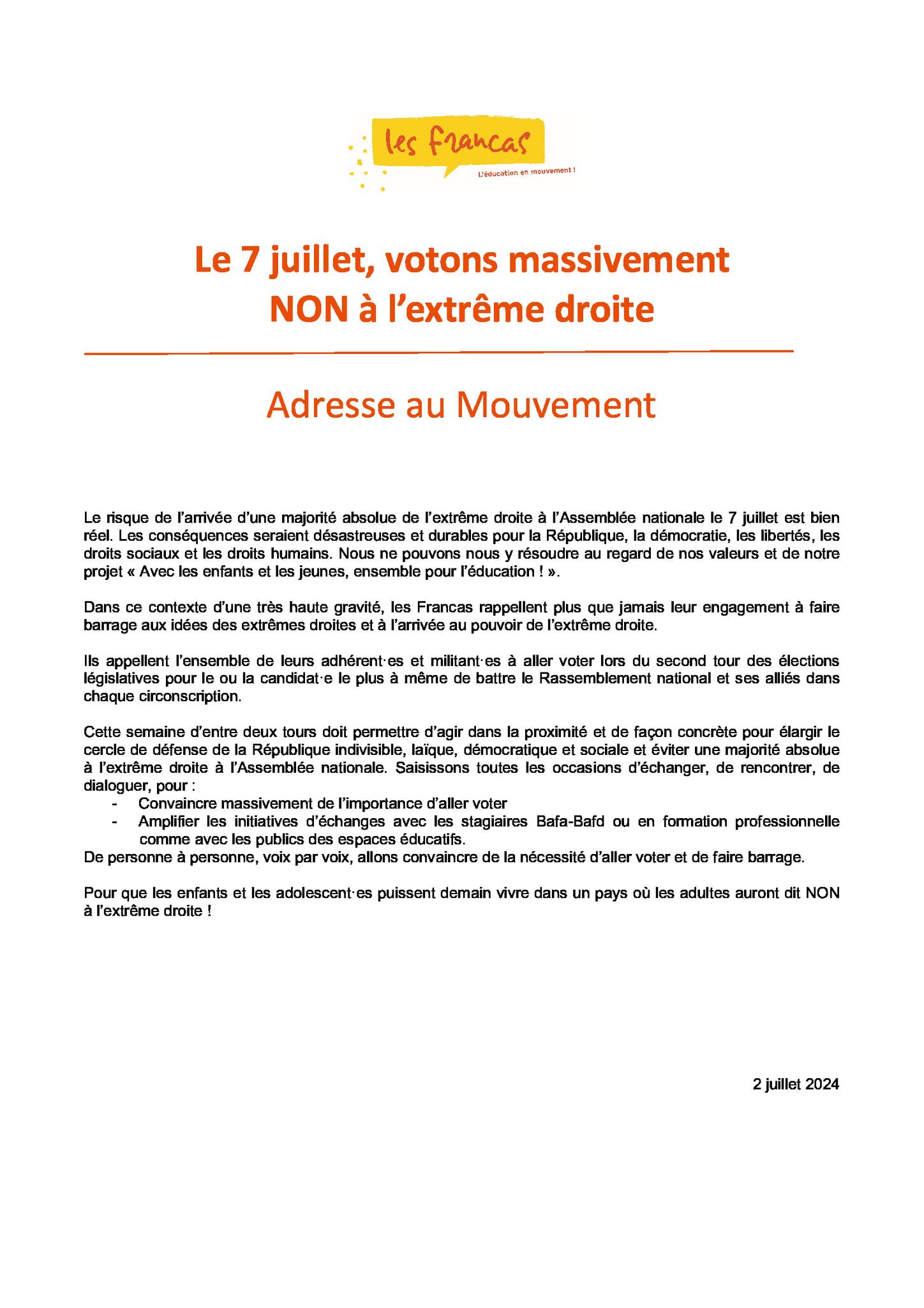 Le 7 juillet, votons massivement NON à l’extrême droite !