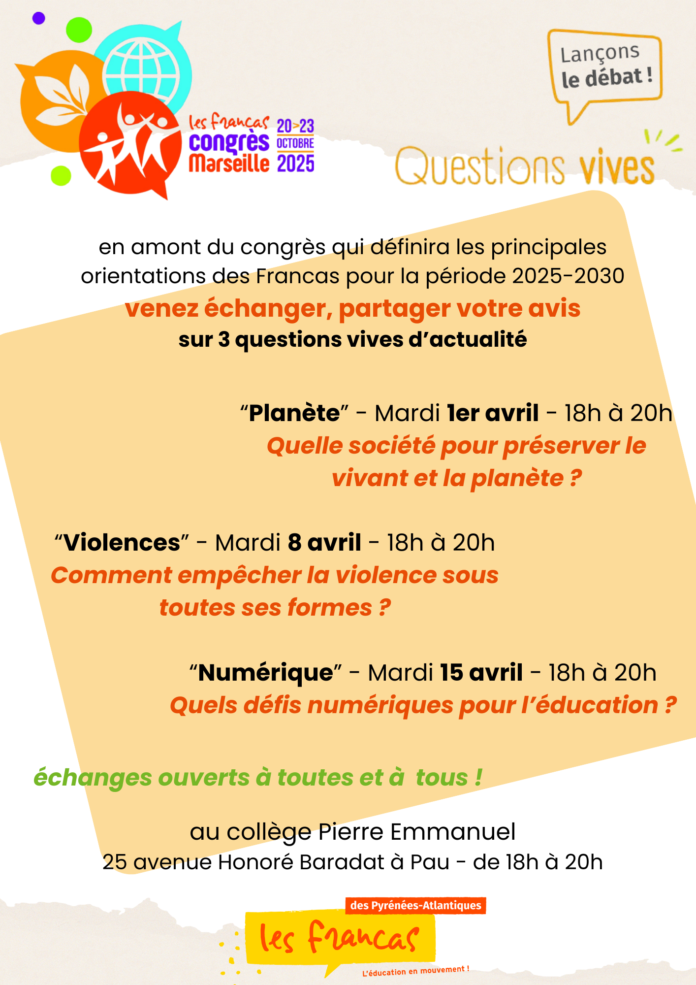 Invitation à venir échanger sur des « questions vives » et ainsi contribuer à la réflexion des Francas pour les prochaines années